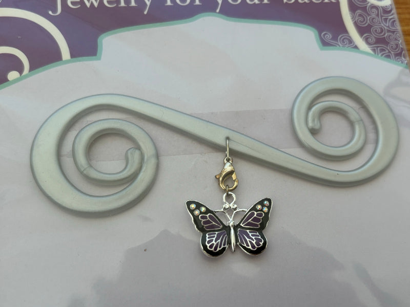 Silver Bra Barrette with Purple-black butterfly charm