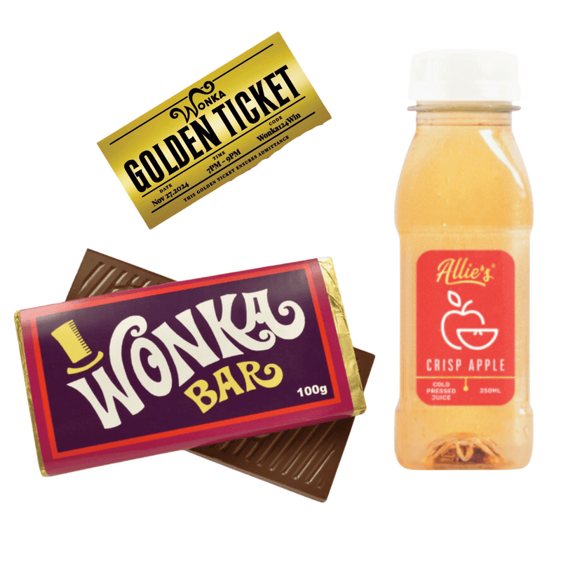 Wonka Bar Milk Chocolate and Allie’s Cold Pressed Juice 250ml