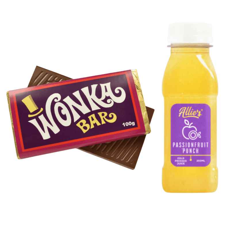 Wonka Bar Milk Chocolate and Allie’s Cold Pressed Juice 250ml