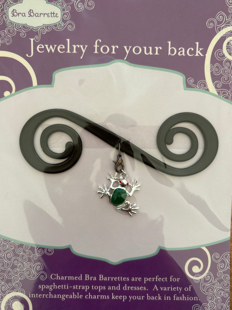 Black Bra Barrette with Silver-green frog charm