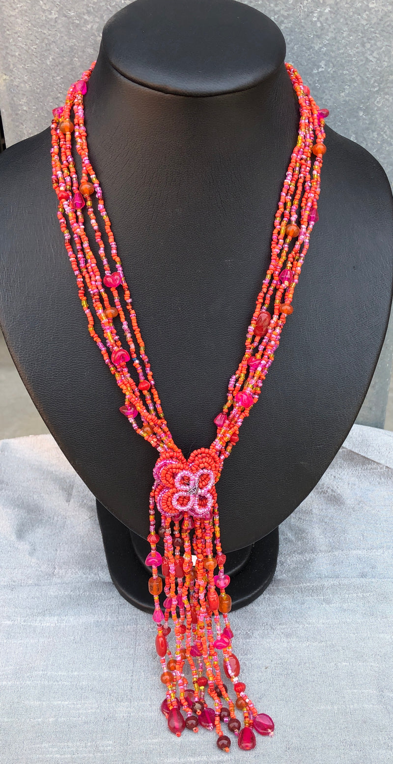 Red and Orange Beaded Multi Strand Necklace (YN-012)