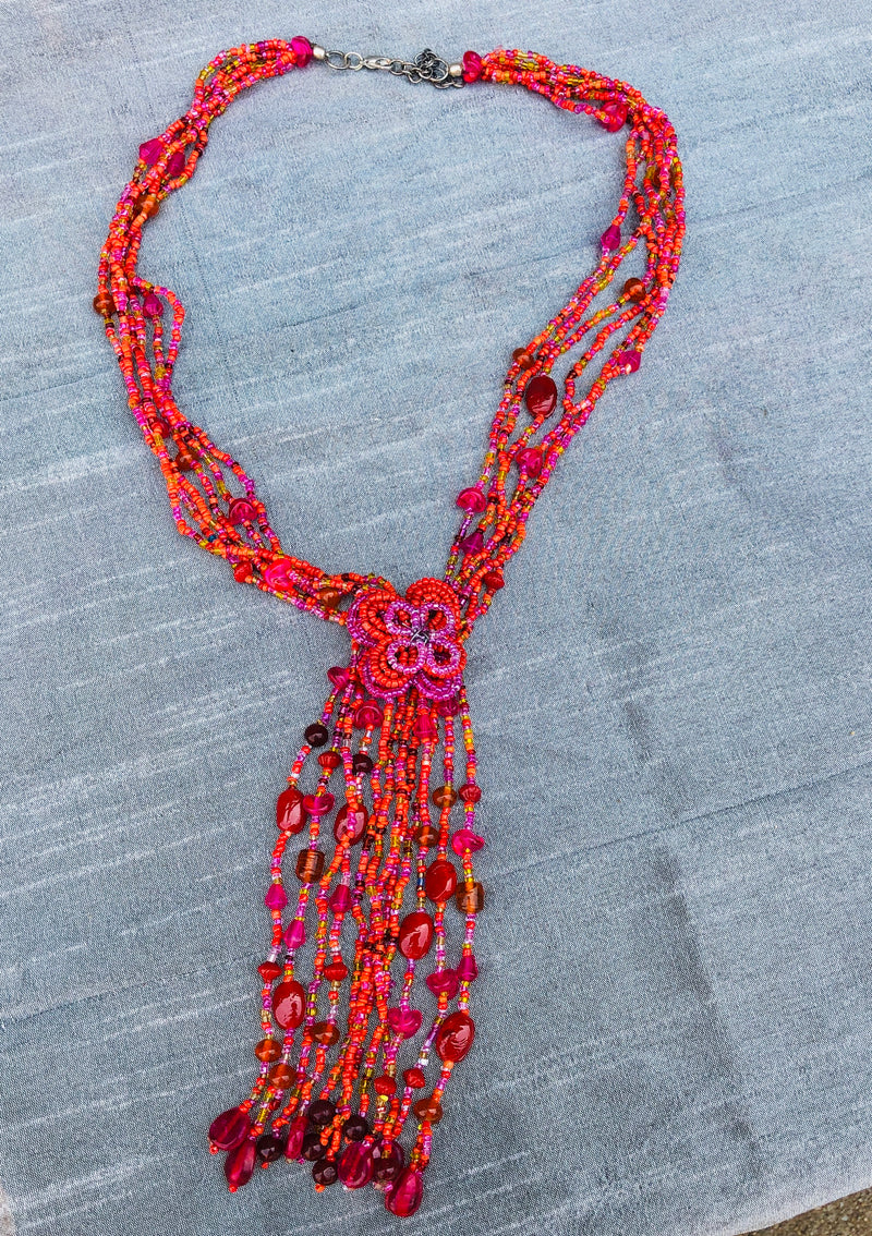 Red and Orange Beaded Multi Strand Necklace (YN-012)