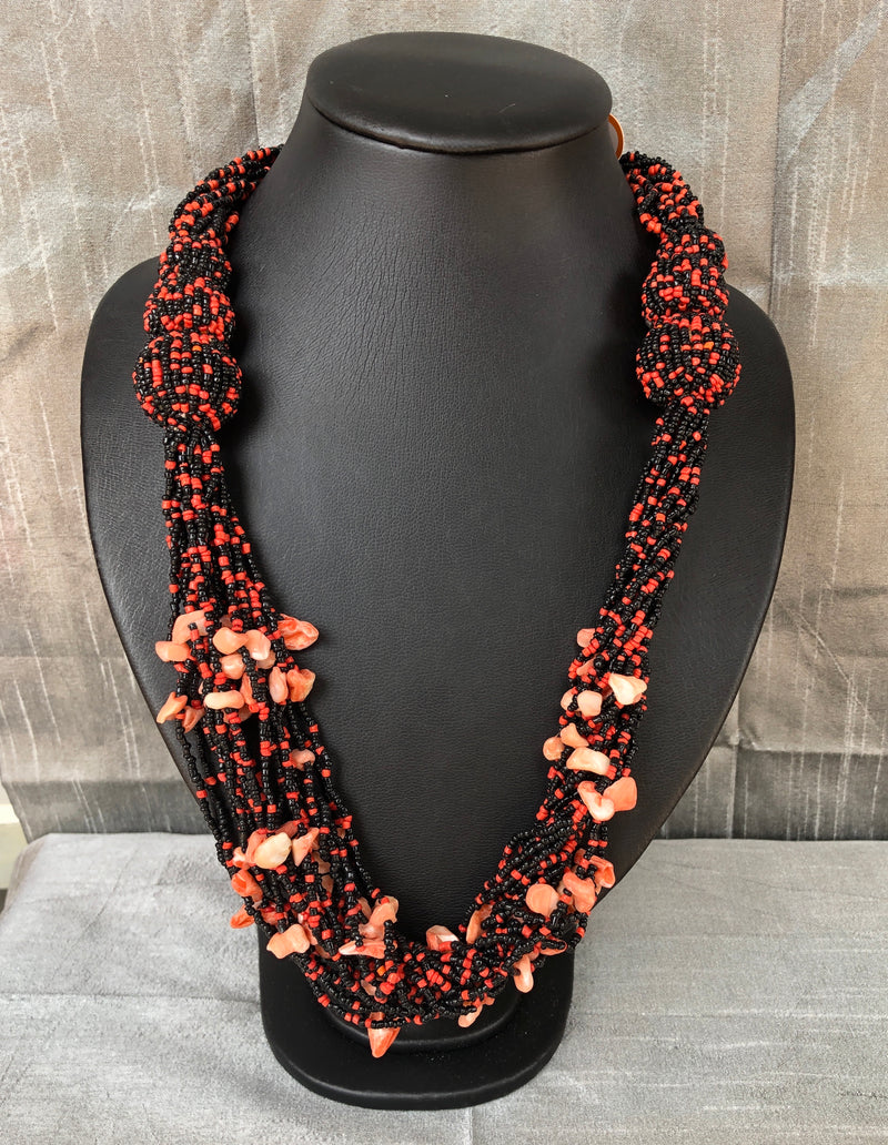 Black and Red Beaded with Shell Necklace (YN-017)