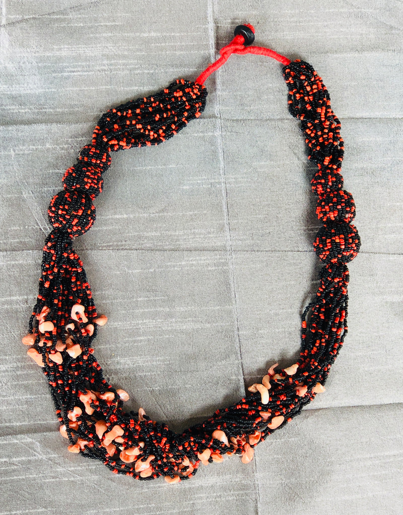 Black and Red Beaded with Shell Necklace (YN-017)