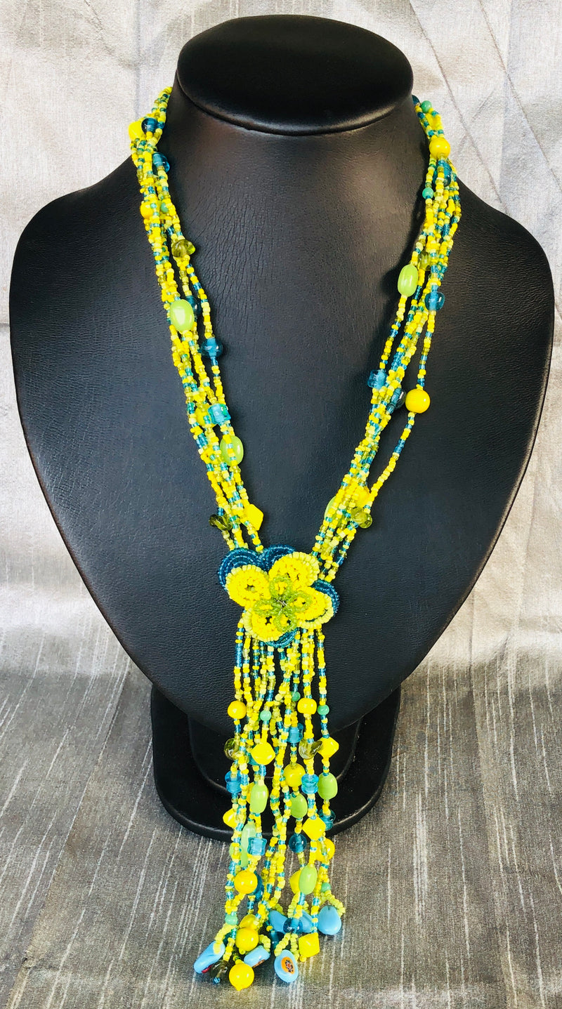 Blue and Yellow Beaded Multi Strand Necklace (YN-033)