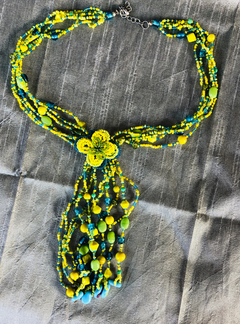 Blue and Yellow Beaded Multi Strand Necklace (YN-033)