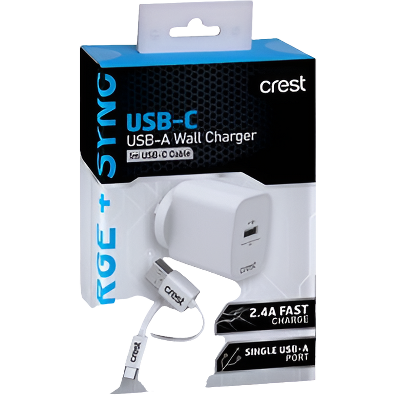 Crest USB-C/USB-A Wall Charger 1m USB-C Cable Each