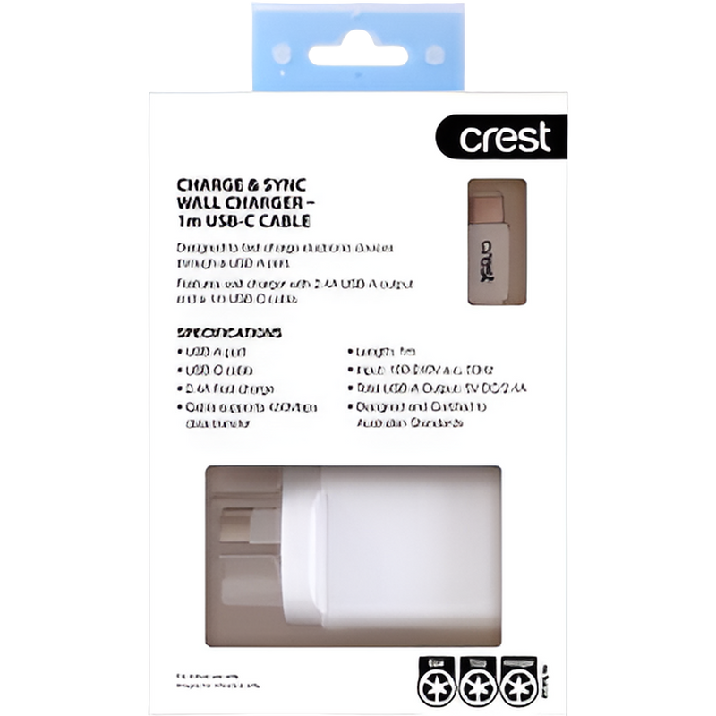 Crest USB-C/USB-A Wall Charger 1m USB-C Cable Each