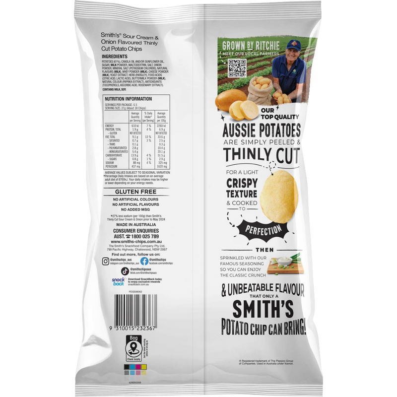 Smith's thinly cut potato chips sour cream & onion 175g