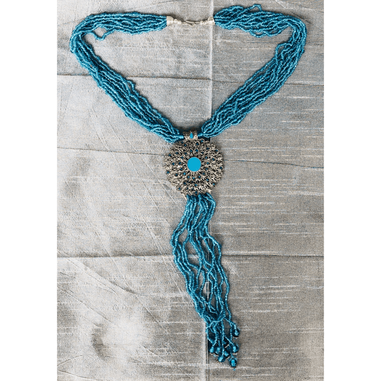 Blue Bead with Flower Necklace (YN-028)