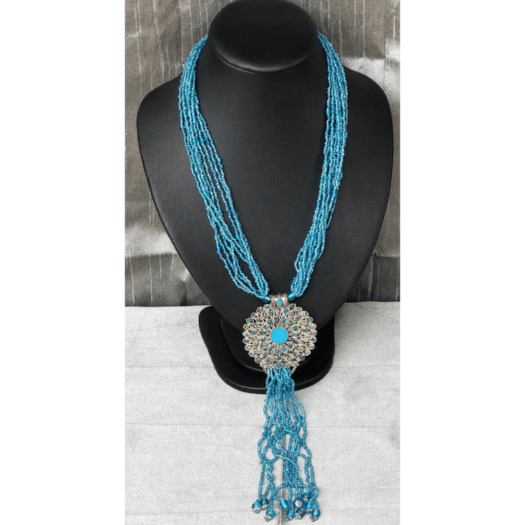 Blue Bead with Flower Necklace (YN-028)